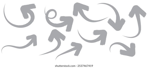 Pincel, marcador dibujado conjunto de flechas en negrita. Colección de flechas gruesas de doodle dibujadas a mano en diferentes direcciones.