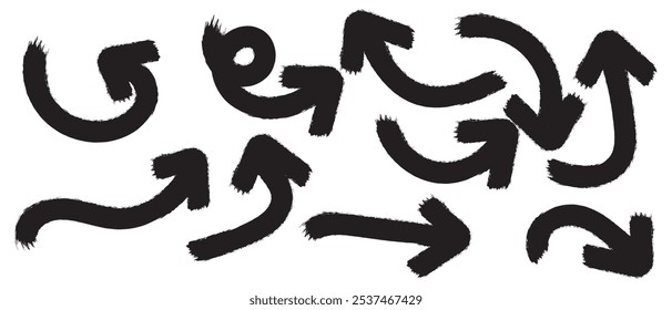 Brush, marker drawn bold arrows set. Collection of hand drawn doodle thick arrows in different directions.