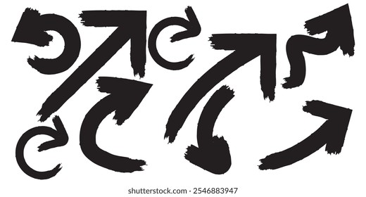 Brush, marker drawn bold arrows set. Collection of hand drawn doodle thick arrows in different directions.
