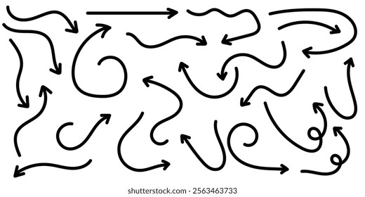 Brush, marker drawn bold arrows set. Collection of hand drawn doodle thick arrows