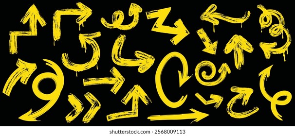 Brush, marker drawn bold arrows set. Collection of hand drawn doodle thick arrows in different directions.