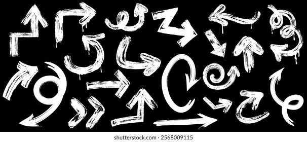 Brush, marker drawn bold arrows set. Collection of hand drawn doodle thick arrows in different directions.