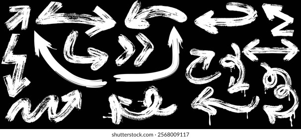 Brush, marker drawn bold arrows set. Collection of hand drawn doodle thick arrows in different directions.
