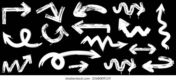 Brush, marker drawn bold arrows set. Collection of hand drawn doodle thick arrows in different directions.
