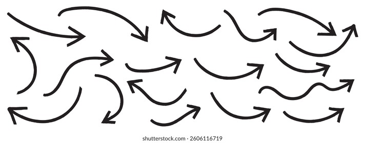 Brush, marker drawn bold arrows set. Collection of hand drawn doodle thick arrows in different directions. Set of Hand drawn vector arrows doodle on white background. Bold brush drawn arrows. design 