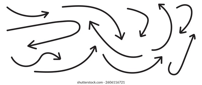 Brush, marker drawn bold arrows set. Collection of hand drawn doodle thick arrows in different directions. Set of Hand drawn vector arrows doodle on white background. Bold brush drawn arrows. design 