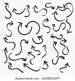Brush, marker drawn bold arrows set. Collection of hand drawn doodle thick arrows in different directions on Transparent Background. EPS 10.