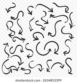 Brush, marker drawn bold arrows set. Collection of hand drawn doodle thick arrows in different directions on Transparent Background. EPS 10.
