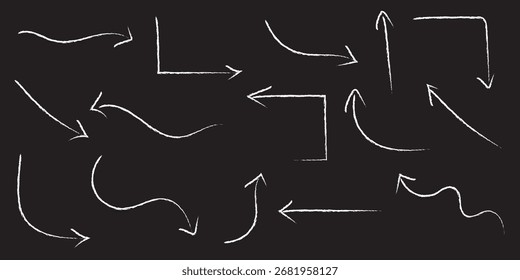 Pincel, marcador desenhado em negrito setas definidas. Coleção de setas grossas de rabiscar desenhadas à mão em diferentes direções.