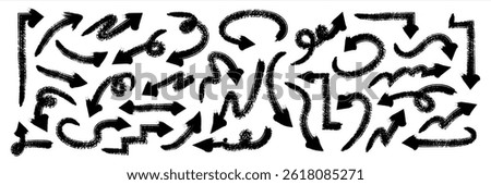 Brush, marker drawn bold arrows set. Collection of hand drawn doodle thick arrows in different directions. Vector 10 eps.