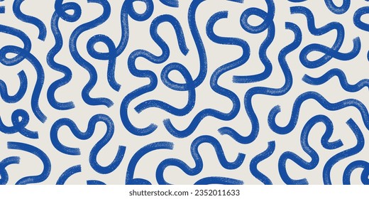 Brush, marker drawn bold doodle lines seamless pattern. Abstract modern geometric curved wavy ornament background.