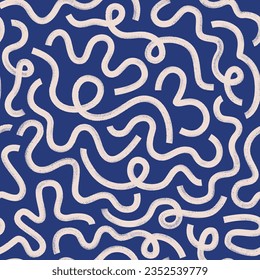 Brush, marker drawn bold doodle lines seamless pattern. Abstract modern geometric wavy ornament at dark blue background.