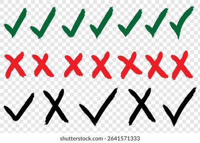 Brush, marker drawn check mark and cross icon set Collection of hand drawn drawn tick symbol, chalk checkmark illustration. eps 10