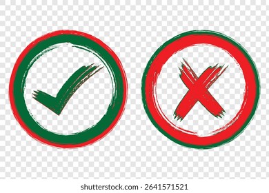 Brush, marker drawn check mark and cross icon set Collection of hand drawn drawn tick symbol, chalk checkmark illustration. eps 10