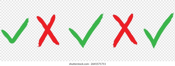 Brush, marker drawn check mark and cross icon set Collection of hand drawn drawn tick symbol, chalk checkmark illustration. eps 10