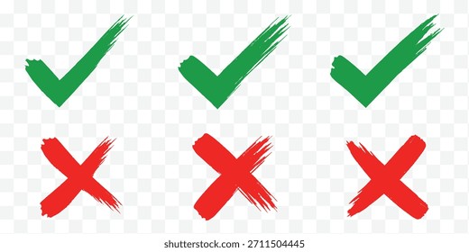 Pincel, marcador dibujado marca de verificación y conjunto de iconos cruzados Colección de símbolo de marca dibujado a mano, ilustración de marca de verificación de tiza. Marque el conjunto de iconos grunge. Conjunto de iconos de marca de verificación dibujado a mano. x conjunto de marcas