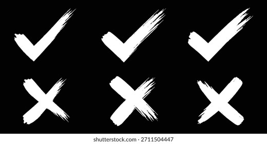 Pincel, marcador dibujado marca de verificación y conjunto de iconos cruzados Colección de símbolo de marca dibujado a mano, ilustración de marca de verificación de tiza. Marque el conjunto de iconos grunge. Conjunto de iconos de marca de verificación dibujado a mano. x conjunto de marcas