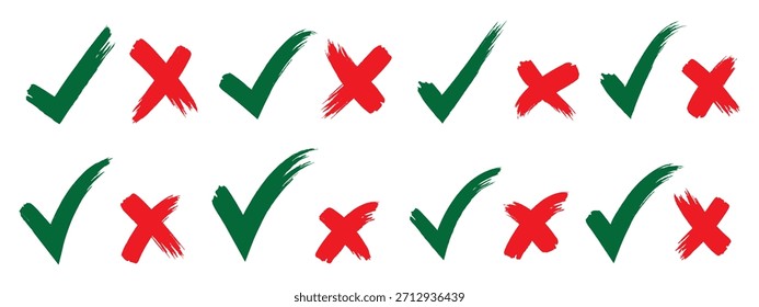 Pincel, marcador dibujado marca de verificación y conjunto de iconos cruzados Colección de símbolo de marca dibujado a mano, ilustración de marca de verificación de tiza. Marque el conjunto de iconos grunge. Conjunto de iconos de marca de verificación dibujado a mano. x marcas