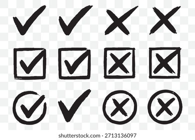 Brush, marker drawn check mark and cross icon set Collection of hand drawn drawn tick symbol, chalk checkmark illustration. Check mark grunge icon set. Hand drawn check tick mark icon set. x marks set