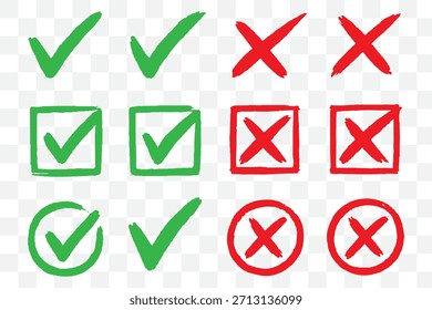 Brush, marker drawn check mark and cross icon set Collection of hand drawn drawn tick symbol, chalk checkmark illustration. Check mark grunge icon set. Hand drawn check tick mark icon set. x marks set
