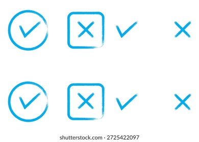 Pincel, marca de seleção de desenho de marcador e ícone de cruz conjunto Coleção de símbolo de tique desenhado à mão, ilustração de marca de verificação de giz. Marca de verificação do conjunto de ícones grunge. Marca de seleção desenhada à mão ícone set. x marcas set