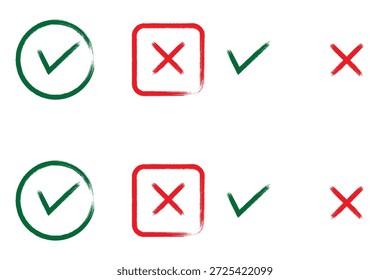 Pincel, marcador dibujado marca de verificación y conjunto de iconos cruzados Colección de símbolo de marca dibujado a mano, ilustración de marca de verificación de tiza. Marque el conjunto de iconos grunge. Conjunto de iconos de marca de verificación dibujado a mano. x conjunto de marcas