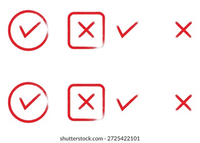 Brush, marker drawn check mark and cross icon set Collection of hand drawn drawn tick symbol, chalk checkmark illustration. Check mark grunge icon set. Hand drawn check tick mark icon set. x marks set