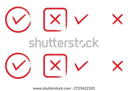 Brush, marker drawn check mark and cross icon set Collection of hand drawn drawn tick symbol, chalk checkmark illustration. Check mark grunge icon set. Hand drawn check tick mark icon set. x marks set