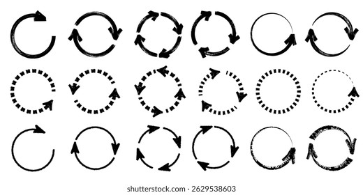 Pincel, marcador dibujado círculo flecha icono conjunto. Colección de dibujado a mano doodle circular icono de flecha, refrescar, recargar, flechas girando. Ilustración vectorial