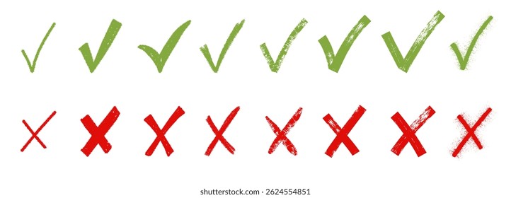 Brush, marker drawn green check mark and red cross icon set Collection of hand drawn doodle tick symbol, chalk checkmark illustration