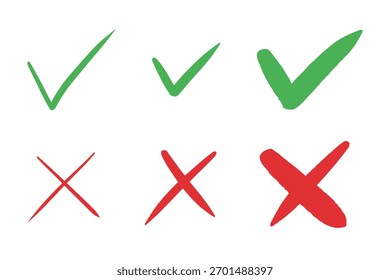 Pincel, marcador desenhado marca de verificação verde e ícone vermelho conjunto Coleção de mão desenhado símbolo doodle tick, giz marca de verificação ilustração