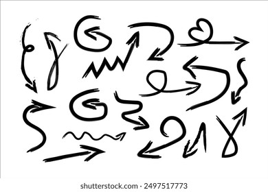 Brush, marker hand drawn arrows set. Collection of hand drawn doodle  arrows in different directions.