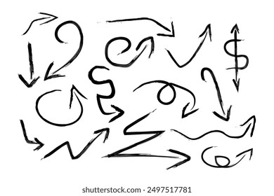 Brush, marker hand drawn arrows set. Collection of hand drawn doodle  arrows in different directions.