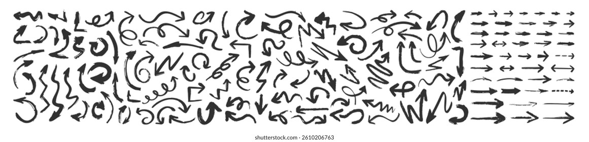 Brush, marker hand drawn arrows set isolated on transparent. Grunge arrow brush vector. Set of hand drawn vector arrows doodle