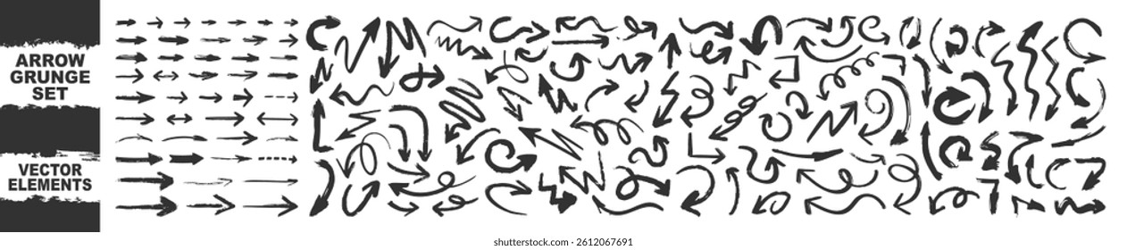 Brush, marker hand drawn arrows set isolated on transparent. Grunge arrow brush vector. Set of hand drawn vector arrows doodle