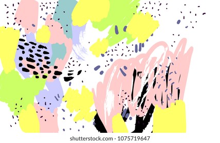 	
Brush, marker, highlight, pencil stroke pattern. Abstract background. Vector artwork. Memphis vintage style. Children, kids sketch drawing. White, black, green, purple, blue, yellow, pink, color