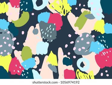 Brush, marker, highlight stroke pattern. Abstract background. Vector artwork. Memphis vintage, retro style. Children, kids sketch drawing. Pink, blue, beige, yellow, red, green, black, grey colors.