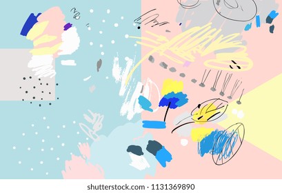 Brush, marker, highlight stroke pattern. Abstract background. Vector colorful artwork. Memphis vintage, retro style. Children, kids sketch drawing. Pink, beige, blue, yellow, grey, black, white colors