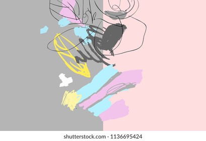 Brush, marker, highlight stroke pattern. Abstract background. Vector colorful artwork. Memphis vintage style. Children, kids sketch drawing. Pink, purple, beige, blue, yellow, grey, black, white color