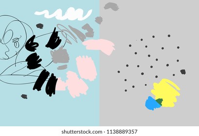 Brush, marker, highlight stroke pattern. Abstract background. Vector colorful artwork. Memphis vintage style. Children, kid sketch drawing. Pink, beige, blue, yellow, grey, black, white colors.
