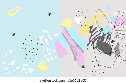 Brush, marker, highlight stroke pattern. Abstract background. Vector artwork. Memphis vintage, retro style. Children, kids sketch drawing. Pink, beige, blue, yellow, grey, black, white color