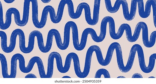 Brush, marker, ink drawn bold doodle lines seamless pattern. Abstract modern geometric blue wavy ornament vector background.