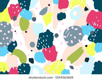 Brush, marker, pencil, highlight stroke pattern. Abstract background. Vector artwork. Memphis vintage, retro style. Children, kids sketch drawing. Blue, red, black, green, yellow, pink, gray colors.