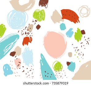 Brush, Marker, Pencil, Pastel Stroke Pattern Set. Abstract Background. Vector Artwork. Memphis Vintage, Retro Style. Children, Kids Sketch Drawing. Blue, Beige, Red, Green, Brown, White Colors.