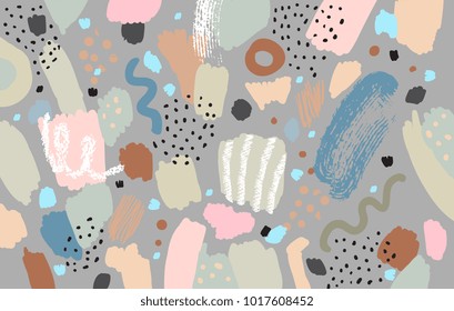 Brush, marker, pencil stroke pattern. Abstract background. Vector artwork. Memphis vintage, retro style. Children, kids sketch drawing. Pink, blue, grey, beige, yellow, brown, black, white colors.