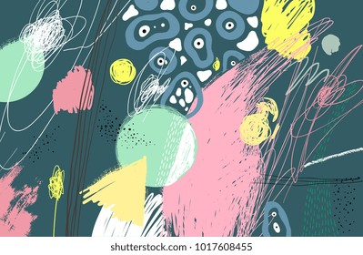 Brush, marker, pencil stroke pattern. Abstract background. Vector artwork. Memphis vintage, retro style. Children, kids sketch drawing. Pink, blue, grey, beige, yellow, olive, green, white colors.