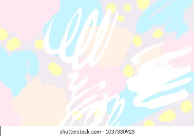 Brush, marker, pencil stroke pattern. Abstract background. Vector artwork. Fantasy, unicorn concept. Memphis vintage, retro style.  Kids sketch drawing. Pink, purple, beige, blue, yellow, white color