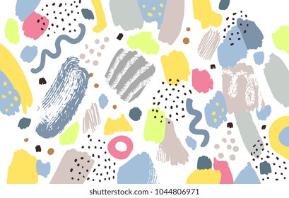 Brush, marker, pencil stroke pattern. Abstract background. Vector artwork. Memphis vintage, retro style. Children, kids sketch drawing. Pink, grey, beige, yellow, red, green, black, white colors.
