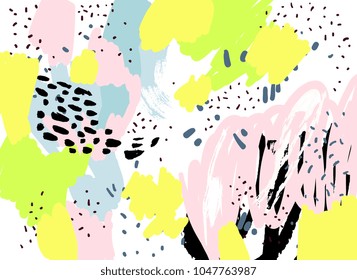 Brush, marker, pencil stroke pattern. Abstract background. Vector artwork. Memphis vintage, retro style. Children, kids sketch drawing. Pink, beige, yellow, green, blue, black, white colors.