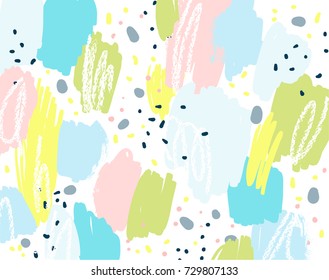 Brush, marker, pencil stroke pattern. Abstract background. Vector artwork. Memphis vintage, retro style. Children, kids sketch drawing. Blue, green, yellow, pink, gray colors.